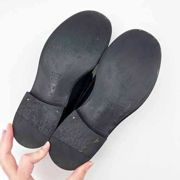 GUCCI Cara Signature Letters Logo Black Loafers Size 37.5 Leather Flat Shoes - Picture 12 of 14